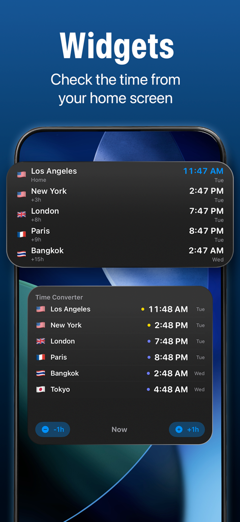 World Clock:Timezone Converter - World clock and time converter widgets showing multiple global time zones on a mobile home screen