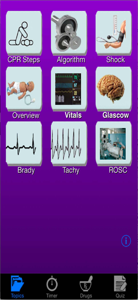 PALS Fast - PALS Fastアプリのメインのトピックメニューが表示され、CPR手順、アルゴリズム、ショック、バイタルサインのアイコンが表示されています。