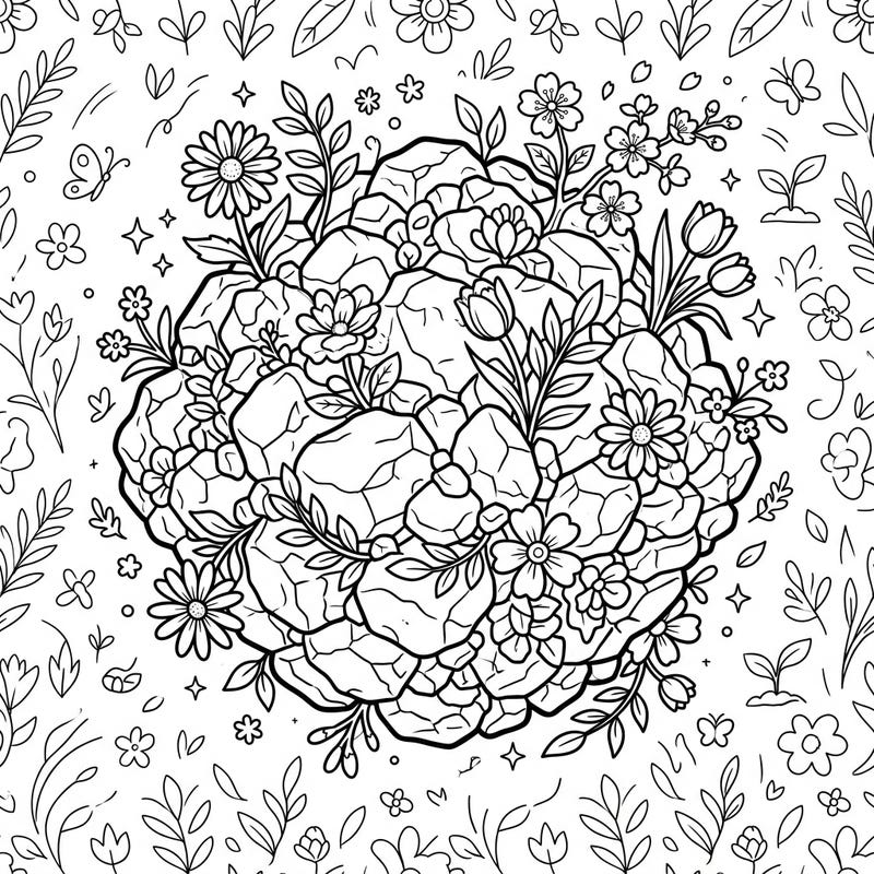 Embark on a unique coloring journey where cosmic rock meets vibrant spring. This printable page features the renowned Bennu Asteroid adorned with a spectacular array of blooming flowers, ready for your creative touch.