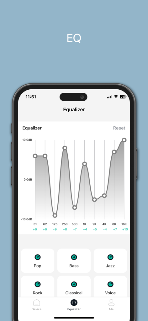 AUKEY Mate - Interfaz de la aplicación Aukey Mate que muestra el ecualizador de audio con ajustes de frecuencia y preajustes de sonido