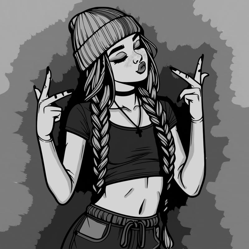 realistic teenage girl with braids and a beanie and crop top doing 🫶🏼