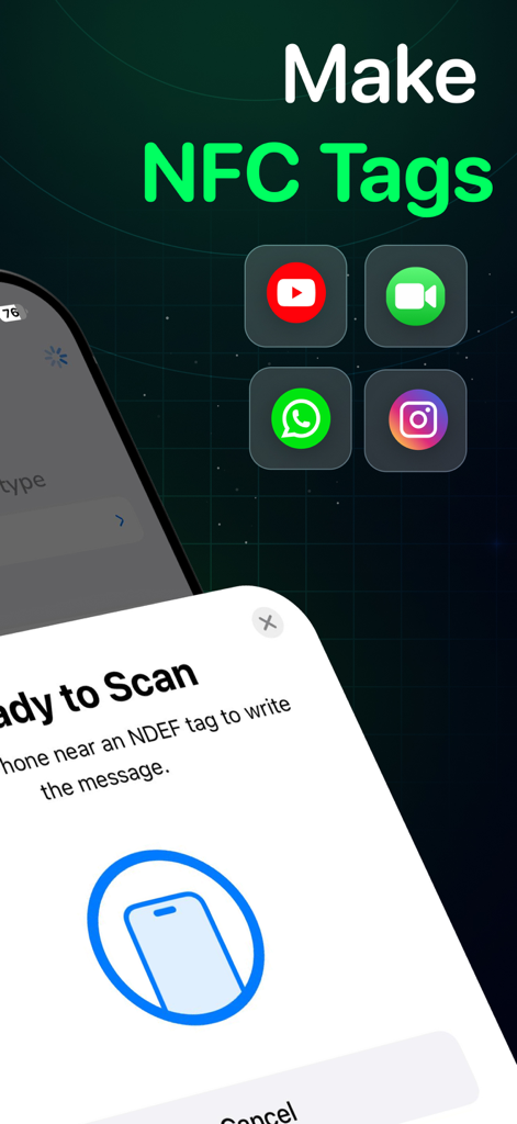 NFC Tools & RFID Scanner - iPhone screen showing the process of creating NFC tags for social media shortcuts