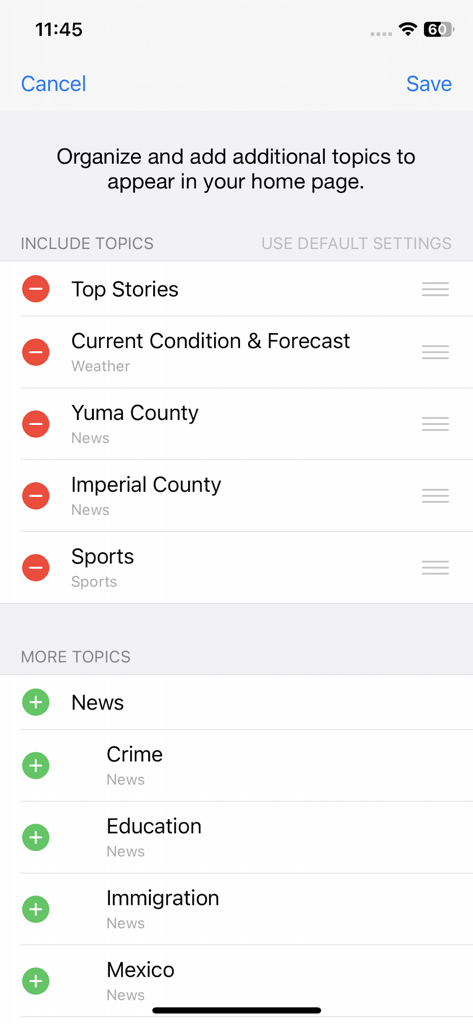 KYMA Yuma, El Centro News - KYMA news app screen for customizing and adding local news topics like weather and sports to the home page