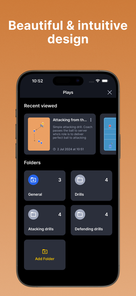 Interface of the Coach Tactic Board Volley app showing folders for organizing volleyball drills and tactics.