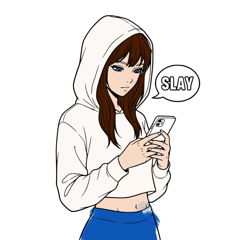 japanise girl looking down at her phone  her saying in a speech bubble  slay front veiw and straight veiw wearing a long sleeve crop top with hood