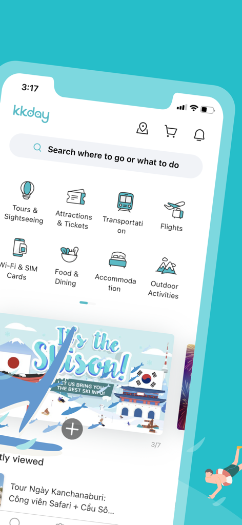 KKday mobile app home screen showing travel booking categories and activities