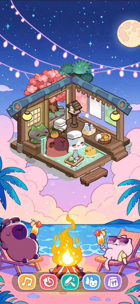 崩溃社畜：放置养宠物语 - Cute animals relaxing in a hot spring and on a beach in the idle pet raising game.