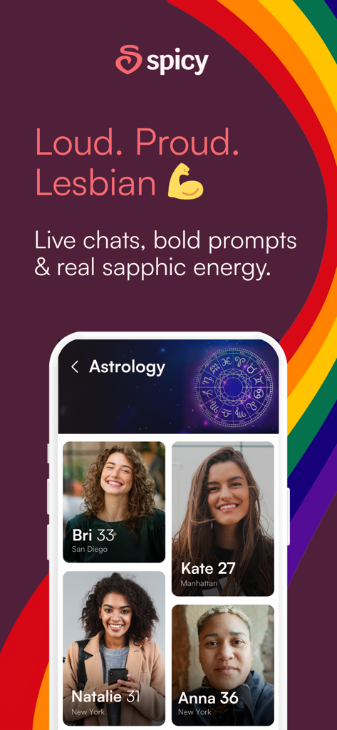 Spicy: Lesbian Dating Chat - Spicy app interface showing lesbian dating profiles and an astrology matching feature over a rainbow background