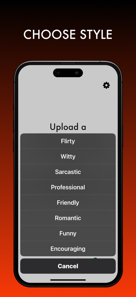 AURA: AI Texting Assistant - Interfaz de la aplicación AURA que muestra una lista de estilos de texto para elegir, incluyendo coqueta, ingeniosa y sarcástica