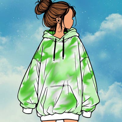 realistic girl with a oversized sweatshirt on and a bun
