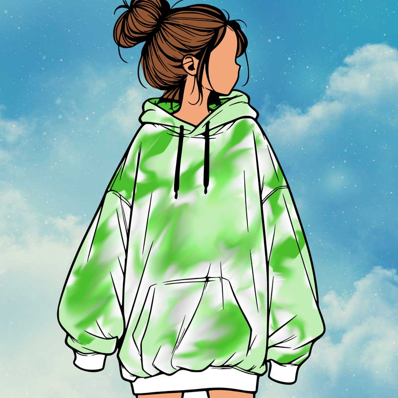 realistic girl with a oversized sweatshirt on and a bun