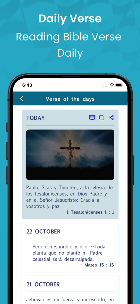 The Modern Bible in Spanish. - Interfaz del versículo diario de la app Spanish Modern Bible mostrando las escrituras y una imagen religiosa.