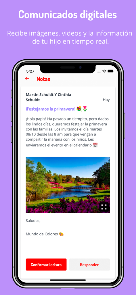 Cuaderno Rojo mobile app showing a digital school notice with a photo for parents