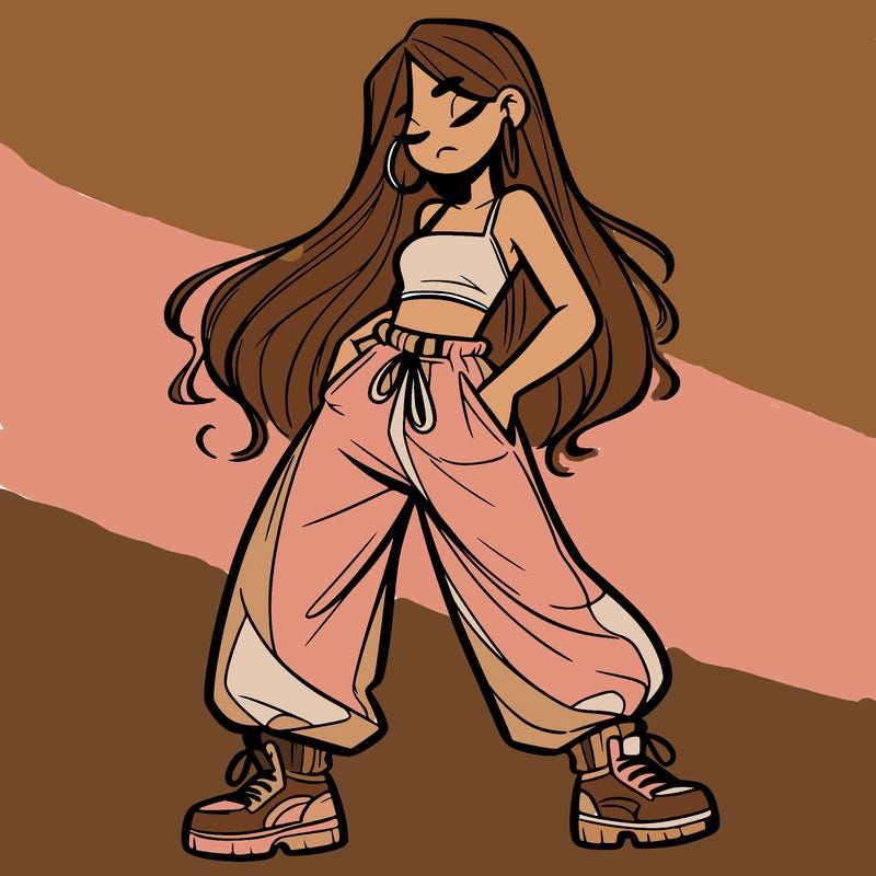 girl in baggy pants crop top and long hair