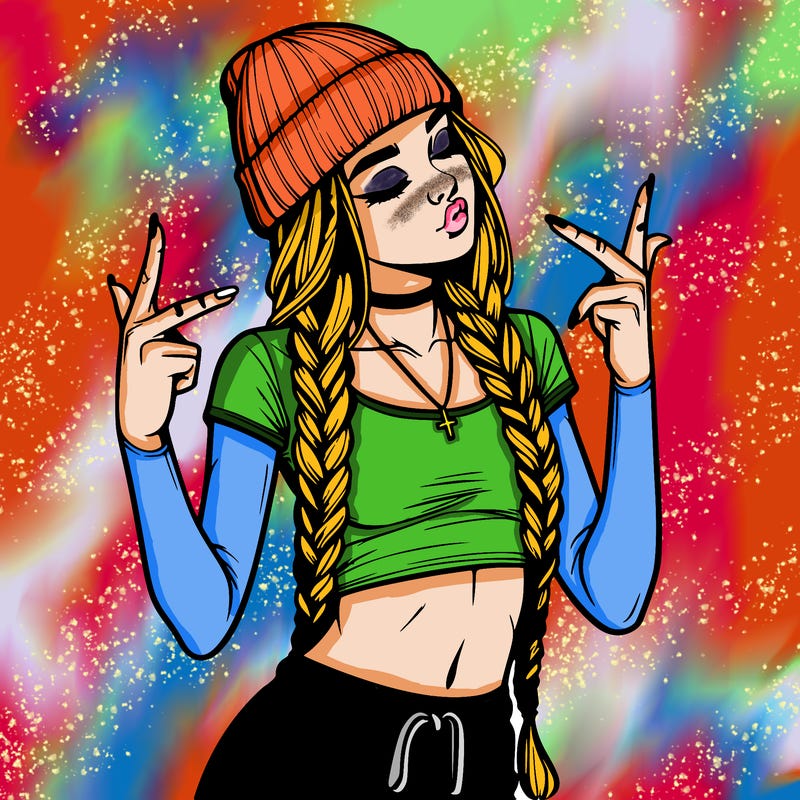 realistic teenage girl with braids and a beanie and crop top doing 🫶🏼