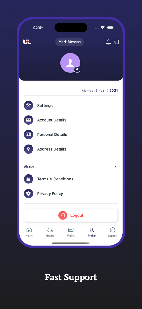UnityLink - Money Transfer - The user profile screen of the UnityLink app showing account settings personal details and support options