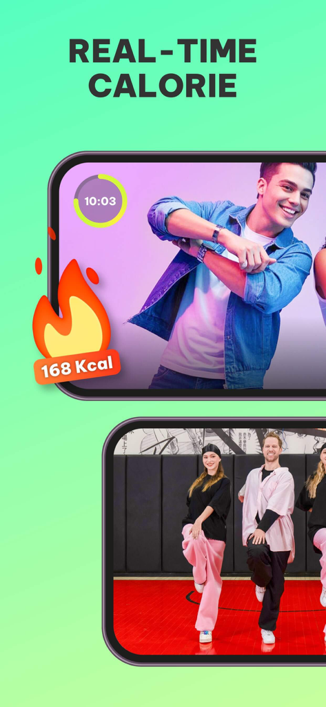 Dancefitme app interface showing real-time calorie tracking during a fun dance workout session