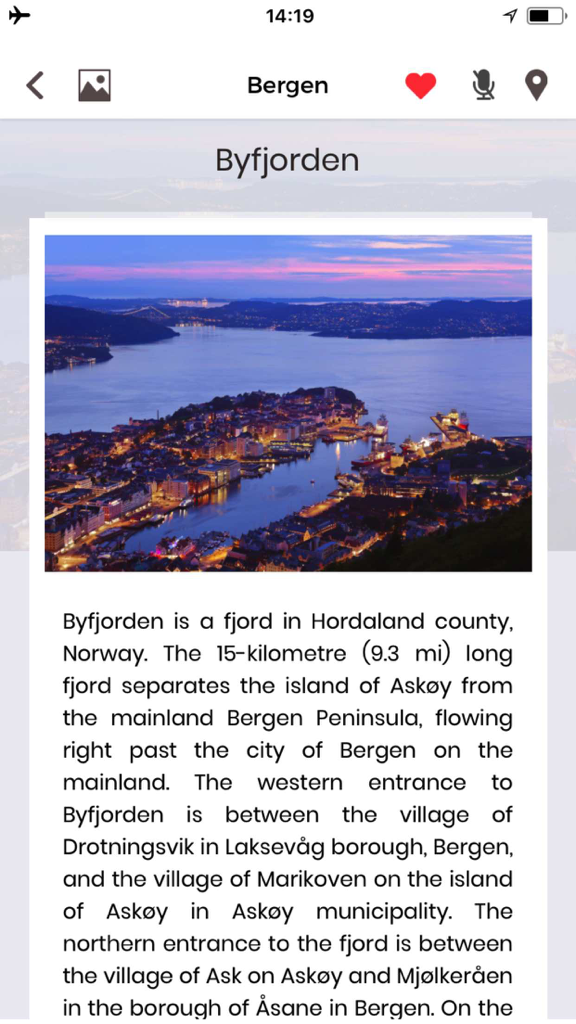 Byfjorden description and sunset aerial photo in Bergen Travel Guide app.