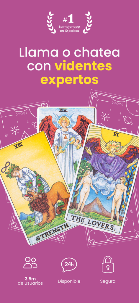 Psíquicos - Tarot y Videntes - Interfaz de la aplicación Psíquicos en español que muestra cartas del tarot e invita a los usuarios a chatear con consejeros psíquicos expertos