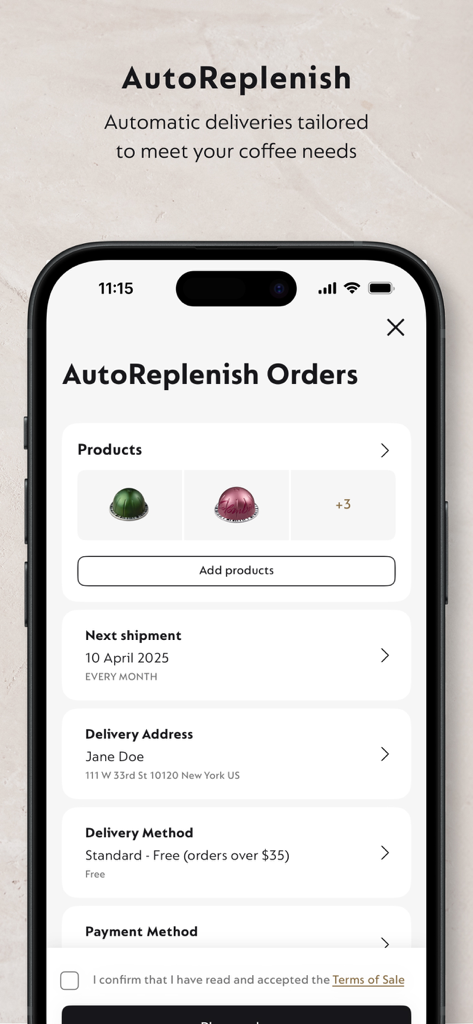 Nespresso Store - Nespresso Storeアプリのインターフェースに、iPhoneで自動コーヒーカプセル配送のための自動補充機能が表示されています。