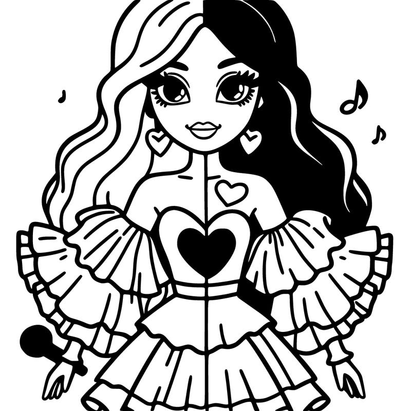 a singer with split dyed hair and a heart on her dress with ruffles as the shoulders