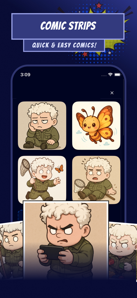 Comic Maker - Arcstory - Mobile app interface showing AI generated comic strip panels with a chibi character and a butterfly