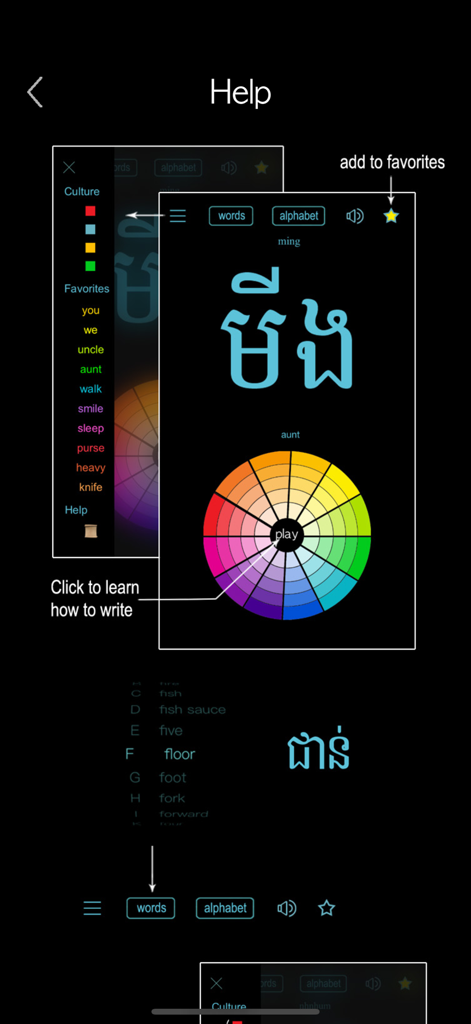 A tutorial screen showing the user interface and navigation for the Learn Khmer Handwriting app.