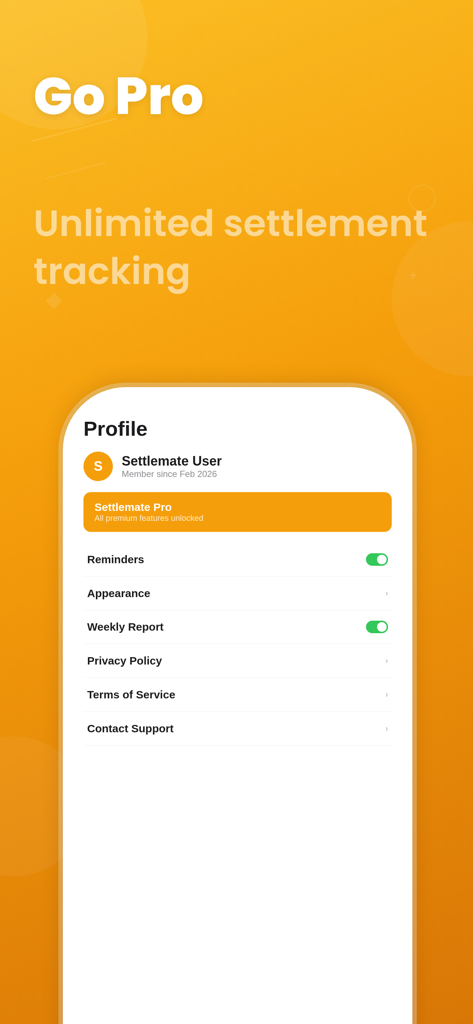 Settlemate: Make them Pay - Interface du profil de l'application Settlemate montrant l'adhésion Pro et les paramètres de suivi des règlements