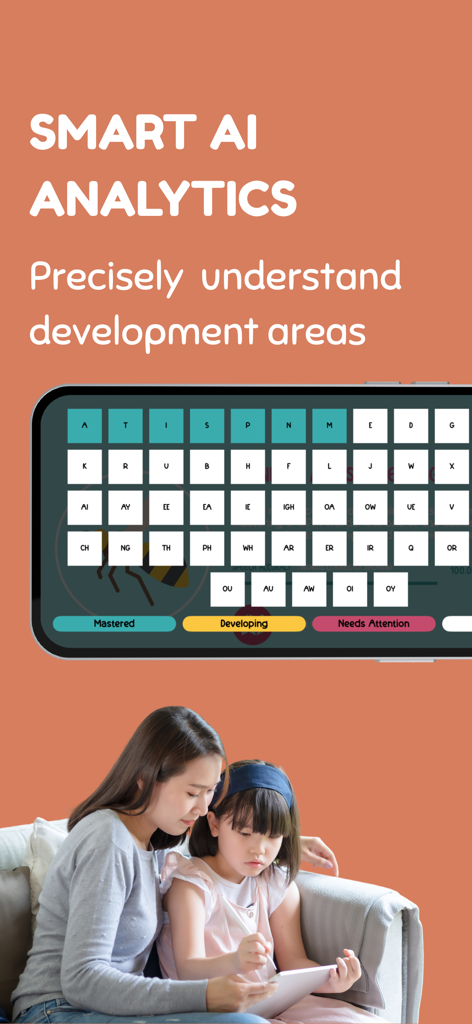 Learn to Read: Wild Phonics - Madre e hijo revisando el progreso de lectura en una tableta con análisis de IA de Wild Phonics