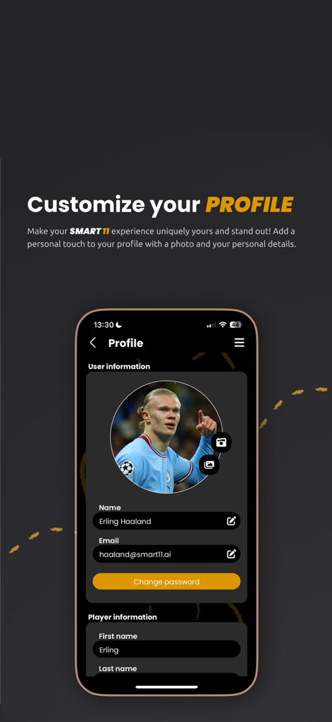 Smart11 - Pantalla de la aplicación Smart11 que muestra las opciones de personalización del perfil del usuario para un jugador de fútbol