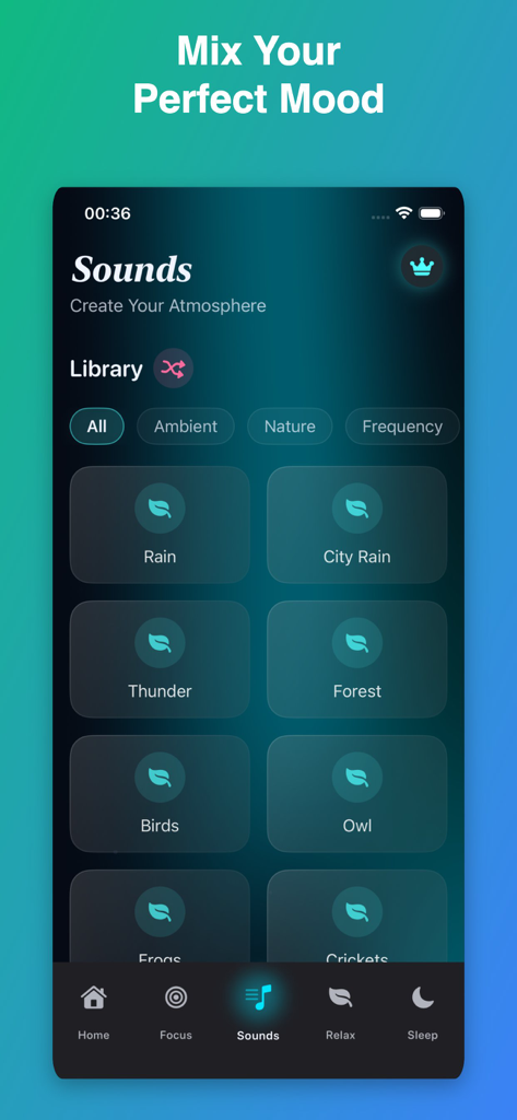 Dainty: Meditation & Sleep - Interfaz de la biblioteca de sonidos de la aplicación Dainty con categorías como sonidos de la naturaleza y ambientales