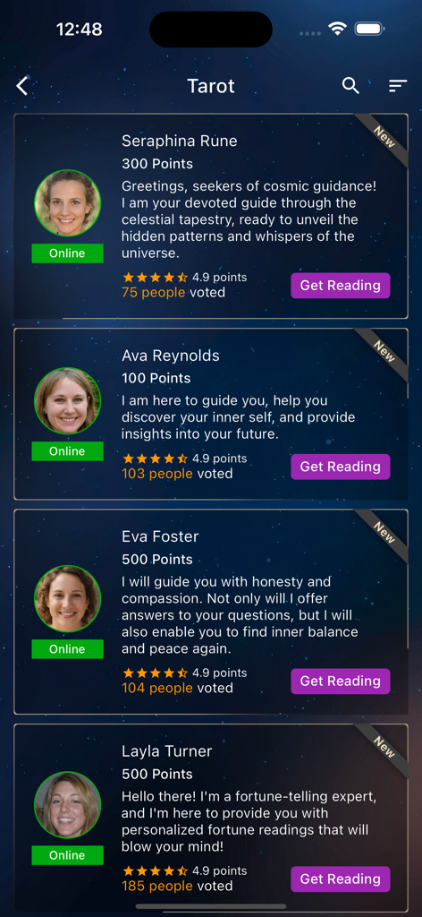 A mobile app screen listing professional tarot readers with profile photos and star ratings.