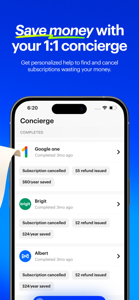 A mobile app dashboard showing cancelled subscriptions and total money saved per year.