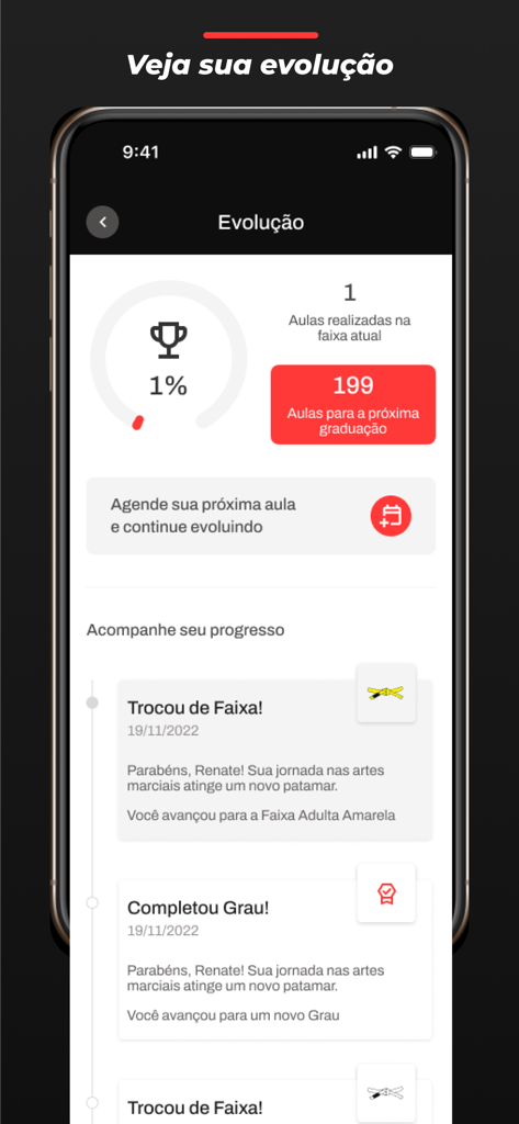 Bjj Control - Alunos - Tela de acompanhamento de evolução do aplicativo BJJ Control Alunos rastreando progresso de treino e graduações