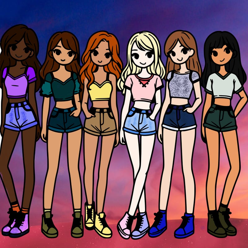 a group of girls wearing crop tops and shorts