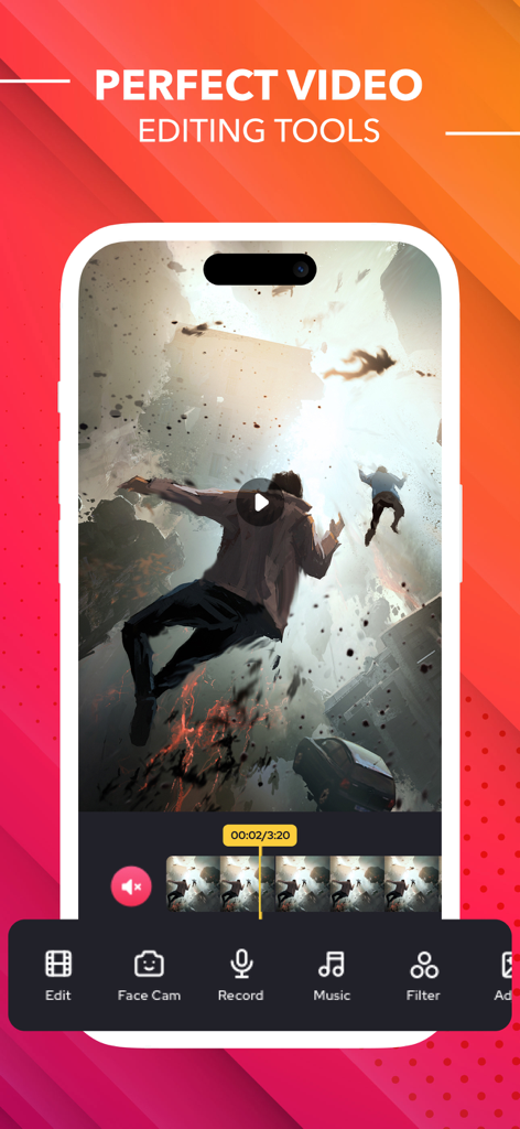 Mobile screen recorder app interface showing video editing tools with music filters and face cam options