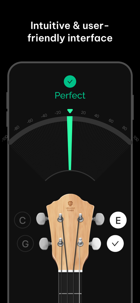 Pantalla de afinador digital de ukelele que muestra una nota perfectamente afinada con una aguja verde y una interfaz fácil de usar