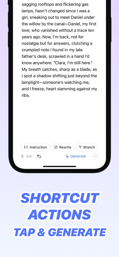 Uncensored AI - InkPal - InkPal app interface showing story generation text with shortcut actions like rewrite and branch