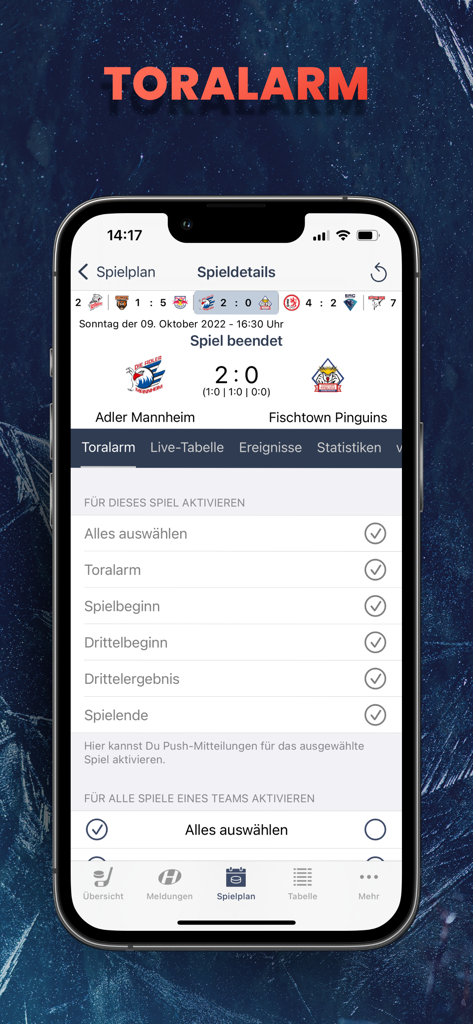 Hockeyweb App-Bildschirm zur Konfiguration von Toralarmen und Spielbenachrichtigungen