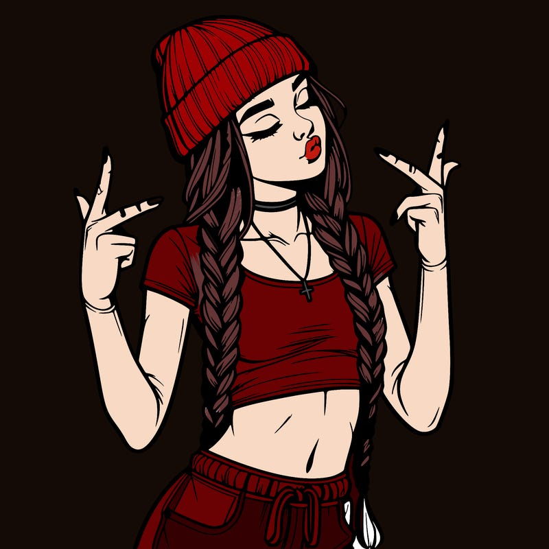 realistic teenage girl with braids and a beanie and crop top doing 🫶🏼