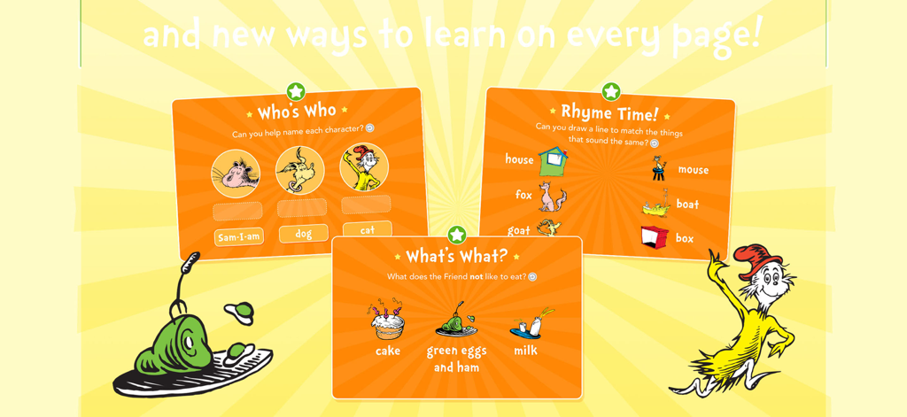 Juegos interactivos de rima e identificación de personajes en la aplicación Huevos verdes con jamón.