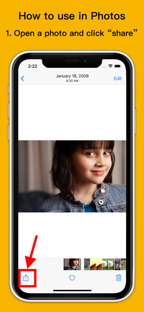 A step by step guide showing how to click the share button in the iOS Photos app to access metadata tools