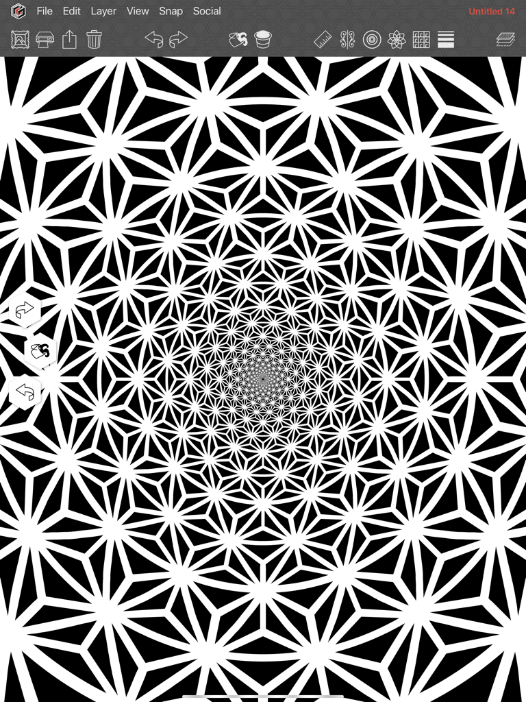 Geometrica - Un complejo patrón de mandala geométrico en blanco y negro creado en la interfaz de la aplicación Geometrica