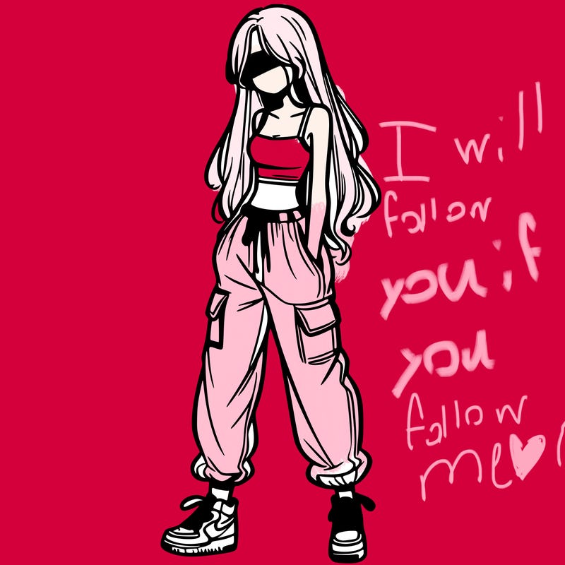 girl in baggy pants crop top and long hair