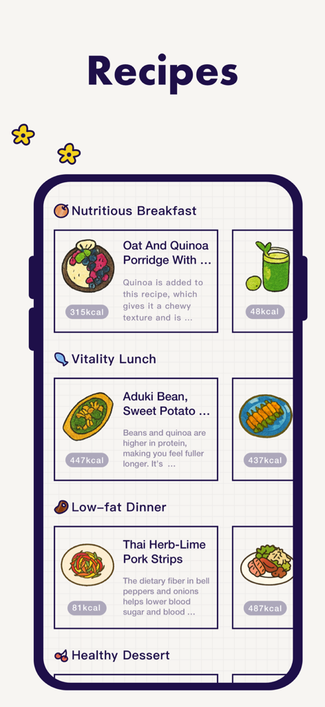 Mobile app screen showing healthy meal recipes for breakfast lunch and dinner with calorie counts