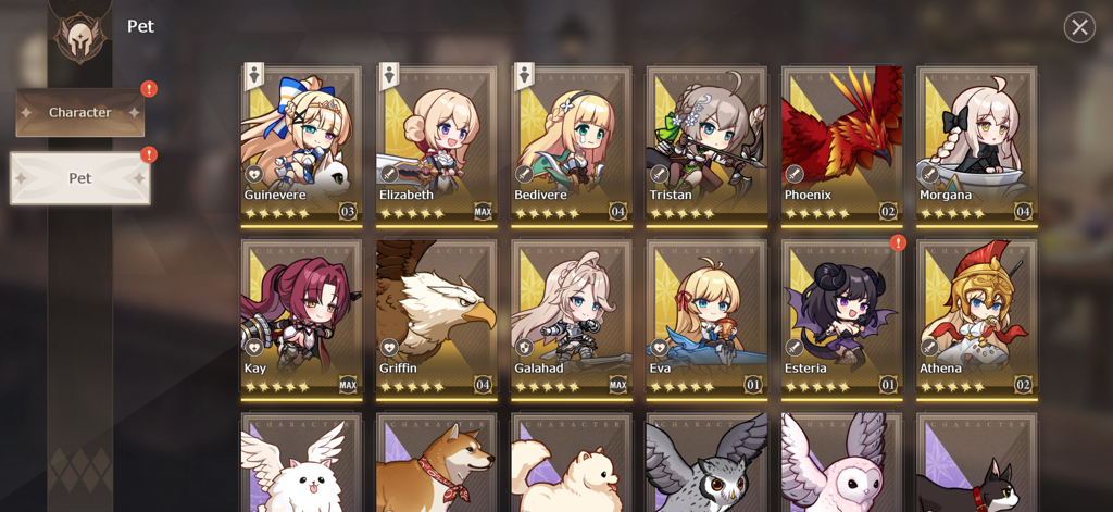 Lost Sword - A menu in the game Lost Sword displaying a grid of various anime characters and mythical pet animals