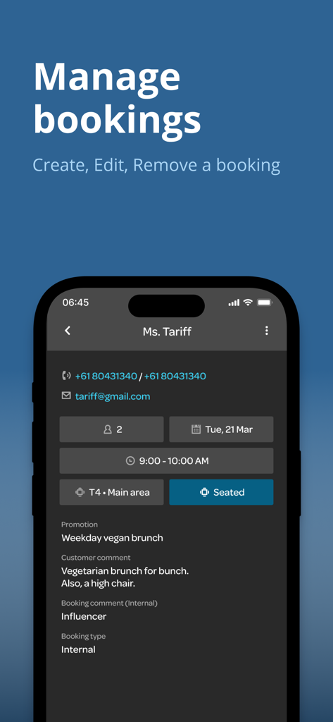 ResDiary Plus mobile app interface showing detailed restaurant guest booking information and table assignment