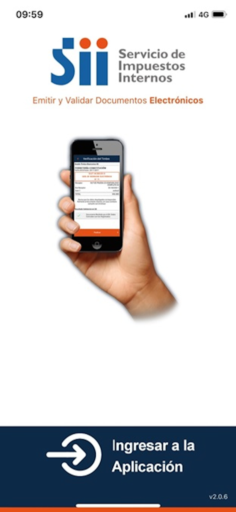 Pantalla de inicio de la aplicación móvil e-Factura que muestra el logotipo del SII y una mano sosteniendo un smartphone con la interfaz de la aplicación