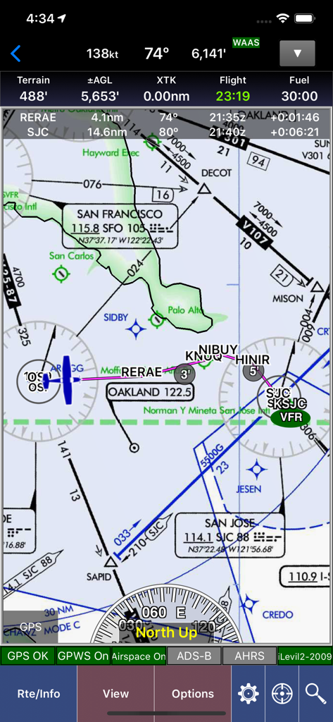 WingX aviation navigation map showing flight data and sectional charts over the San Francisco area.
