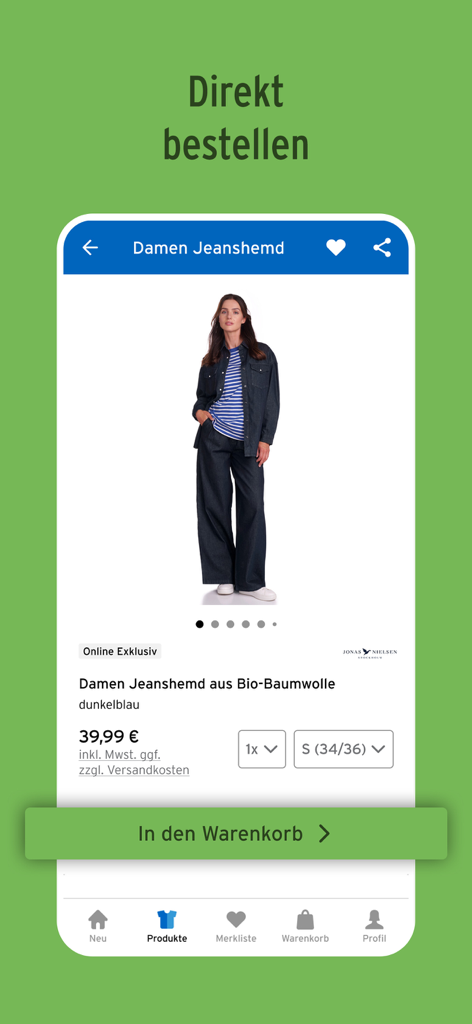 Ernstings family Mobile App Produktseite für ein Damen-Jeanshemd mit einer Schaltfläche zum Hinzufügen zum Warenkorb